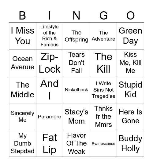 "Angsty Teen Anthems" Bingo Card