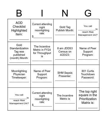 Hospital Medicine Orientation Bingo Card