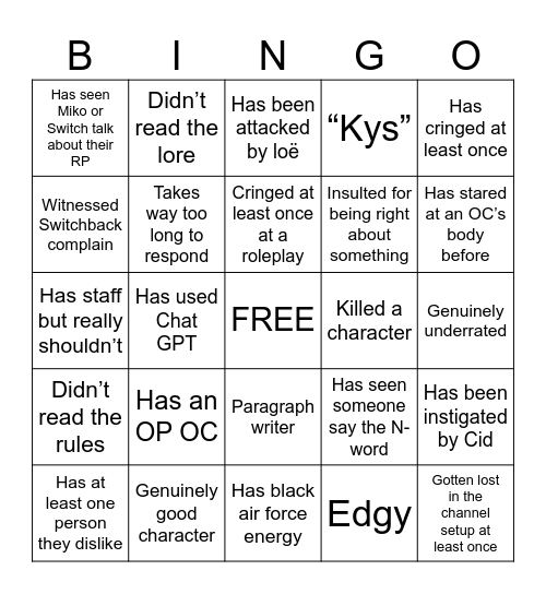 Xoshiverse Bingo Card