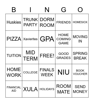 COLLEGE TRUNK PARTY Bingo Card