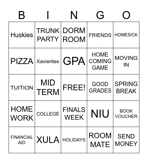 COLLEGE TRUNK PARTY Bingo Card