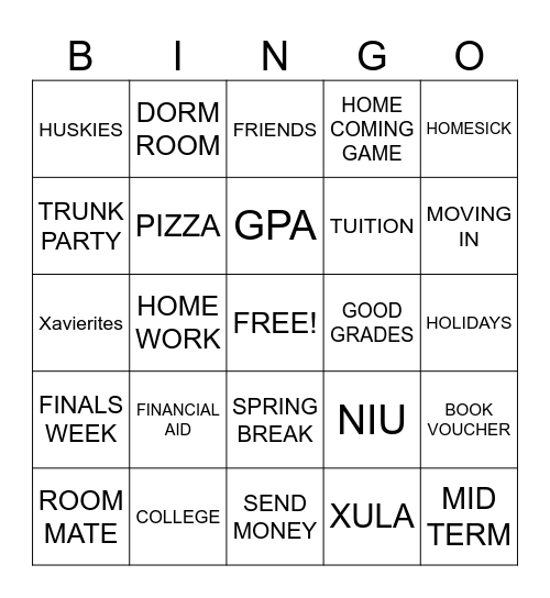 COLLEGE TRUNK PARTY Bingo Card