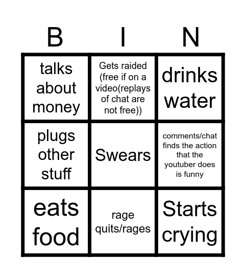youtuber bingo Card