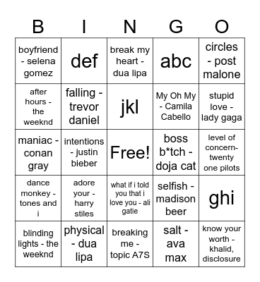 Todays Top Hits Bingo Card