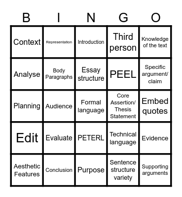 Analytical Writing Bingo Card