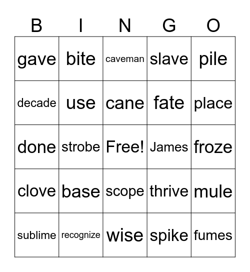 Vowel-Consonant-e Syllable (v_e) Bingo Card