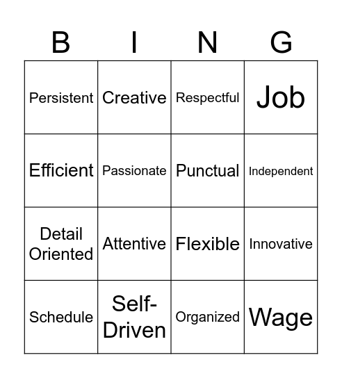 Vocational Vocabulary Bingo Card