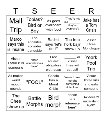 Animorphs Bingo Card