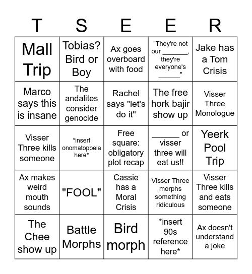 Animorphs Bingo Card