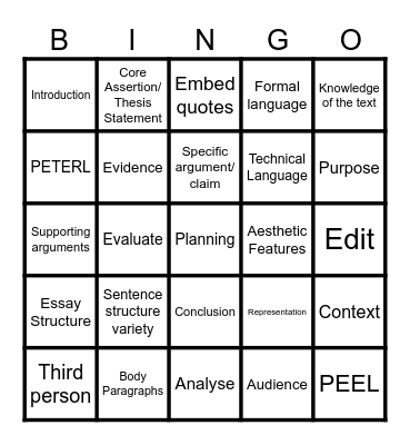 Analytical Writing Bingo Card