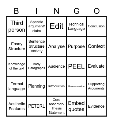 Analytical Writing Bingo Card