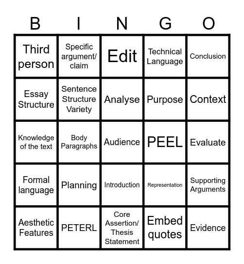 Analytical Writing Bingo Card