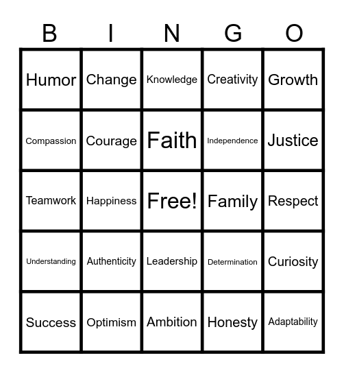 Values BINGO Card