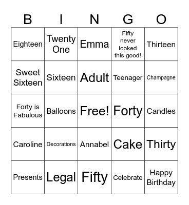 Conway Milestone Birthdays Bingo Card