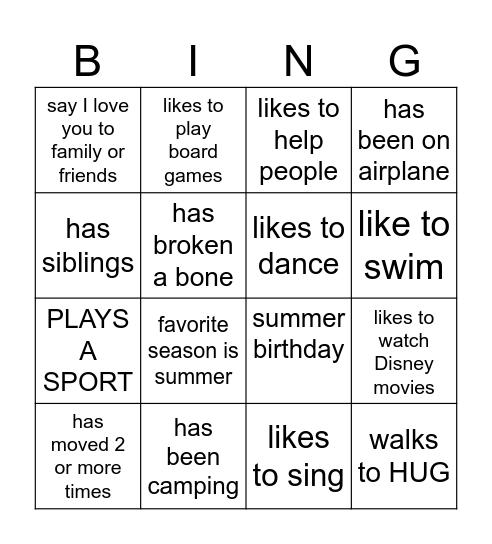 HUG BINGO WOOHOO Bingo Card