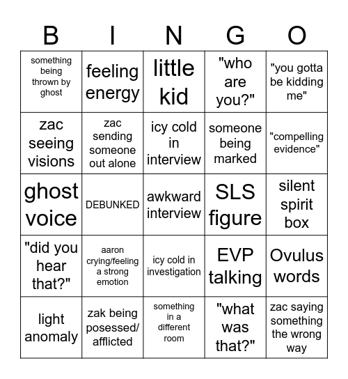 Ghost Adventures Bingo Card