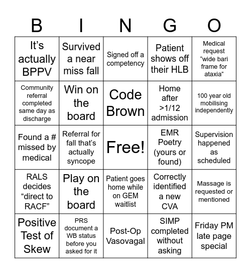 Physio Bingo Card