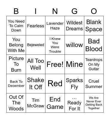 Taylor Swift - Eras Round Bingo Card