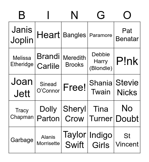 GIRLS WITH GUITARS Bingo Card