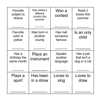 Human Scavenger Hunt Bingo Card
