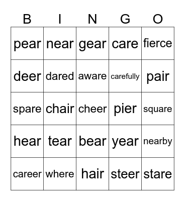 /air/ & /ear/ sounds in words Bingo Card