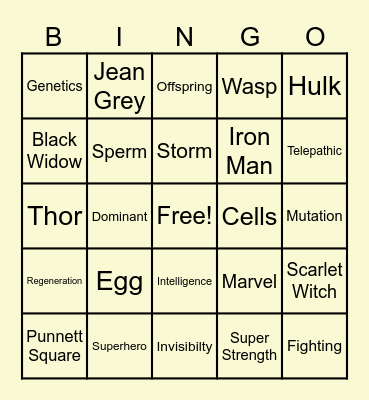 Superhero Punnett Squares Bingo Card