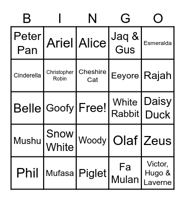 01- DISNEY CHARACTERS HM Bingo Card