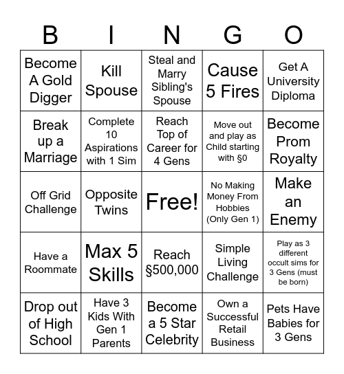 Sims 4 Expansion Bingo Card
