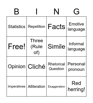 Language Features Bingo Card