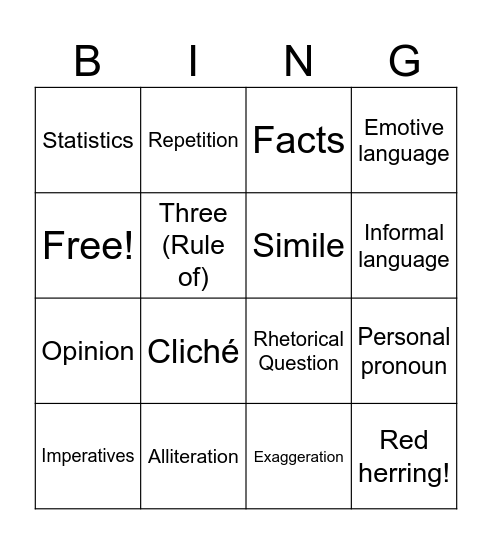 Language Features Bingo Card