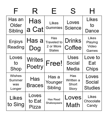 Freshmen Orientation Bingo Card
