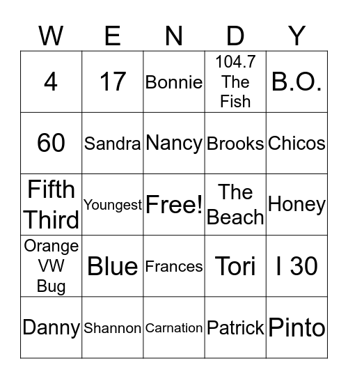 Wendy's 60th Birthday Bingo Card