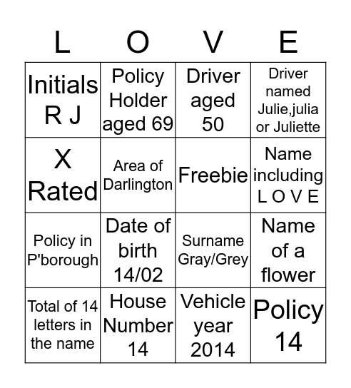 Valentines Bingo Card