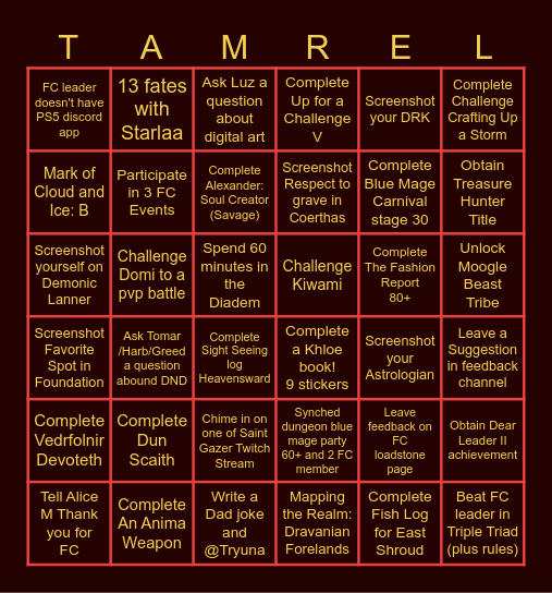 FC Tamriel Warriors FFXIV Bingo #2 Bingo Card