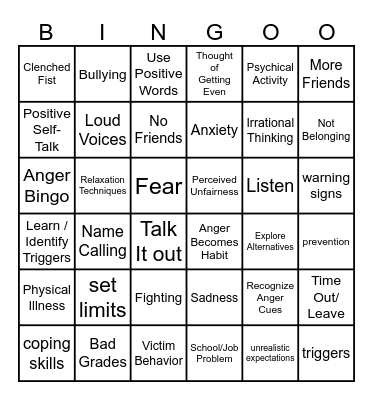 Anger Bingo for Teens Bingo Card