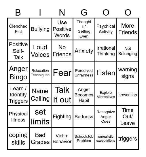 Anger Bingo for Teens Bingo Card