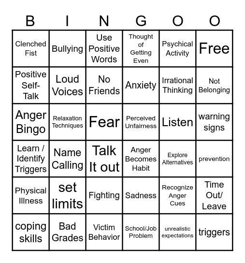 Anger Bingo for Teens Bingo Card