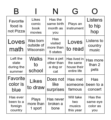 Middle School Bingo Card
