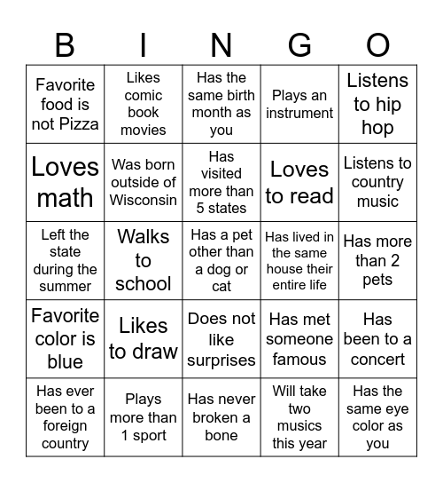 Middle School Bingo Card