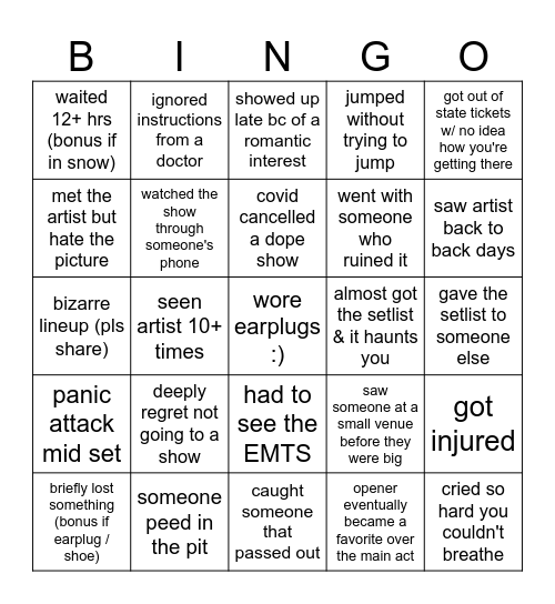 delaney's concert bingo Card
