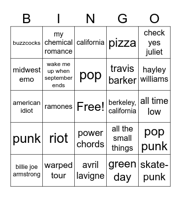 Pop punk Bingo Card