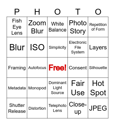 Photography 101 Bingo Card