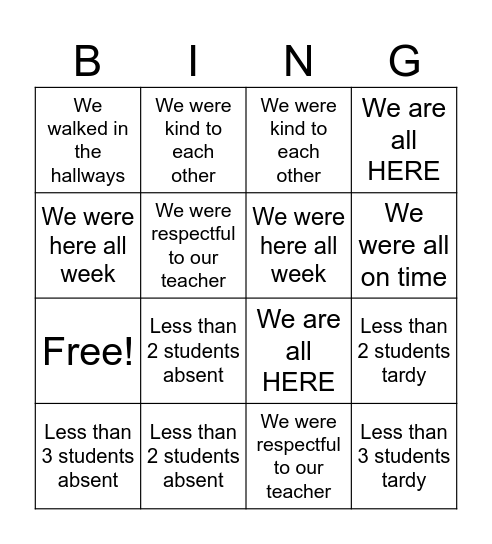 Attendance Bingo Card