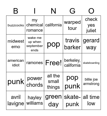 POP PUNK Bingo Card