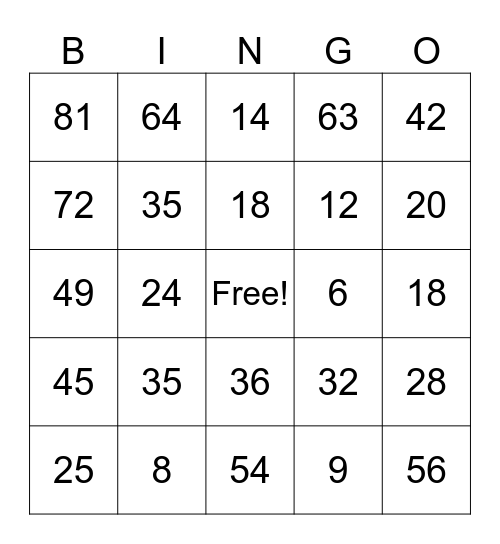 Multiplication Bingo Card