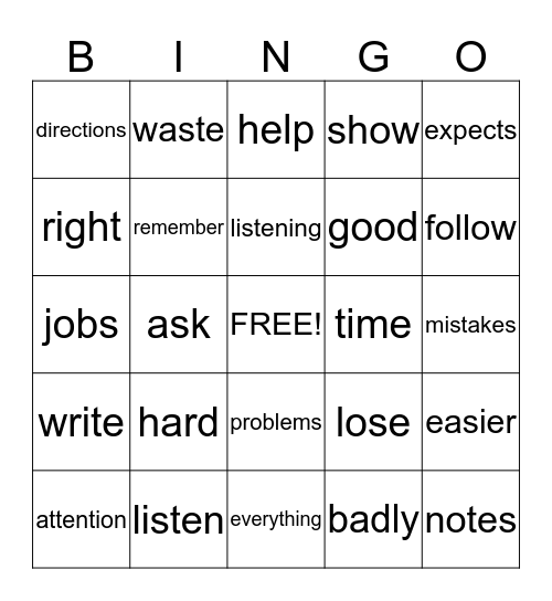 LISTENING   TO  YOUR  TEACHER Bingo Card