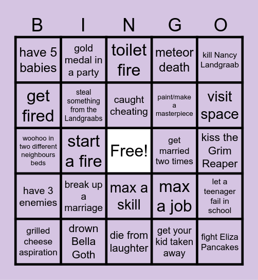 sims 4 Bingo Card