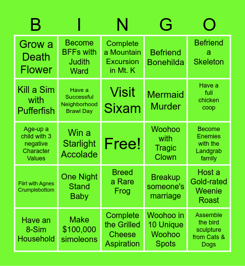 Sims 4 Bingo Card