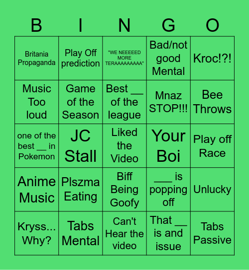 Pokemon Video Bingo Card