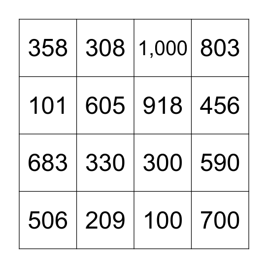 Numbers up to 1000s Bingo Card